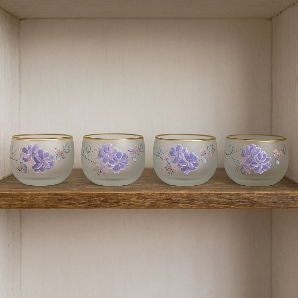 Vintage Frosted Floral Glasses Gold Rim Purple Flowers Set of 4